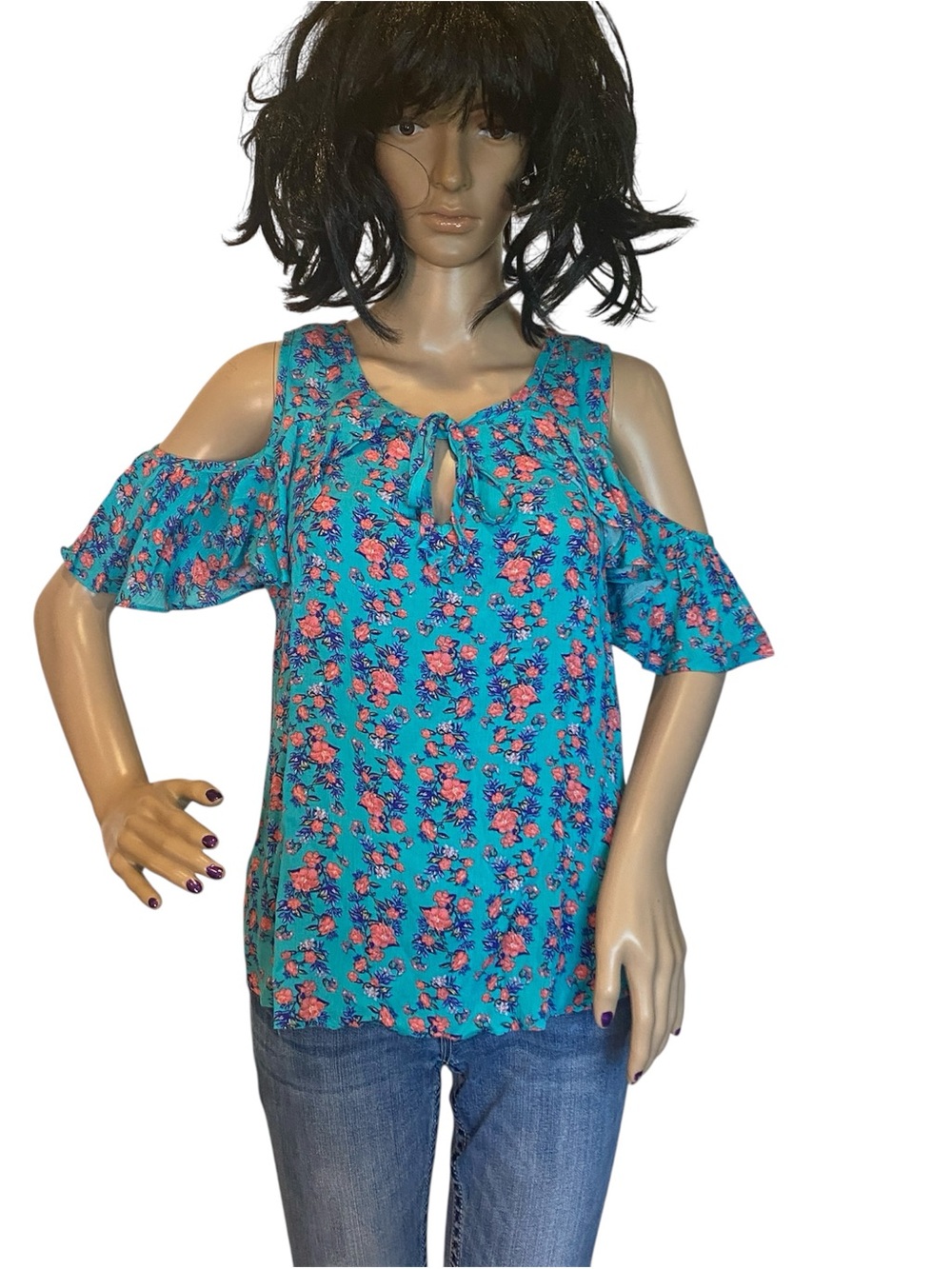 Self Esteem Turquoise Blue Floral Print Cold Shoulder Blouse Top Size Medium NWT